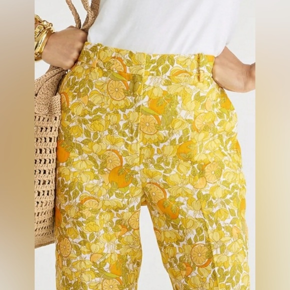 J CREW Ingrid Limone Floral Yellow White lemon fruit print linen Pants 10 NEW! - Picture 3 of 8